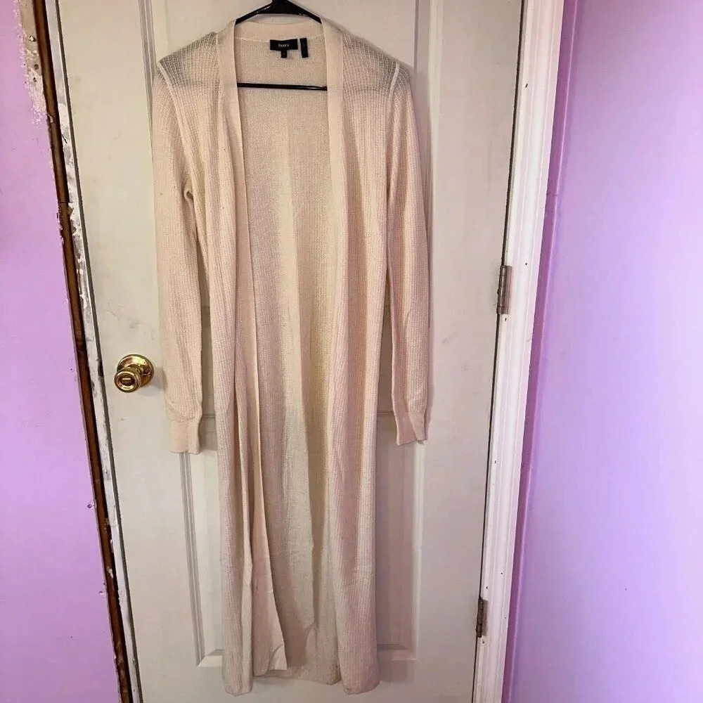Theory Koleena Ivory Royal 100% Cashmere Waffle Knit Cardigan Sweater Sz S $285